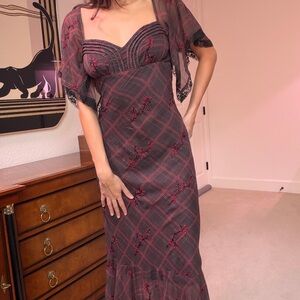 Free People Burgundy and Black Checkered Beaded Maxi Dress
